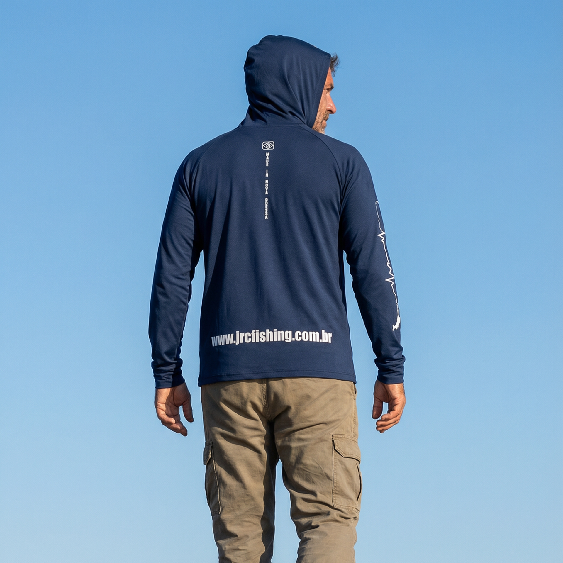 Camiseta de Pesca Masculina JRC com Capuz e Luva Proteção UV50+ Azul Marinho