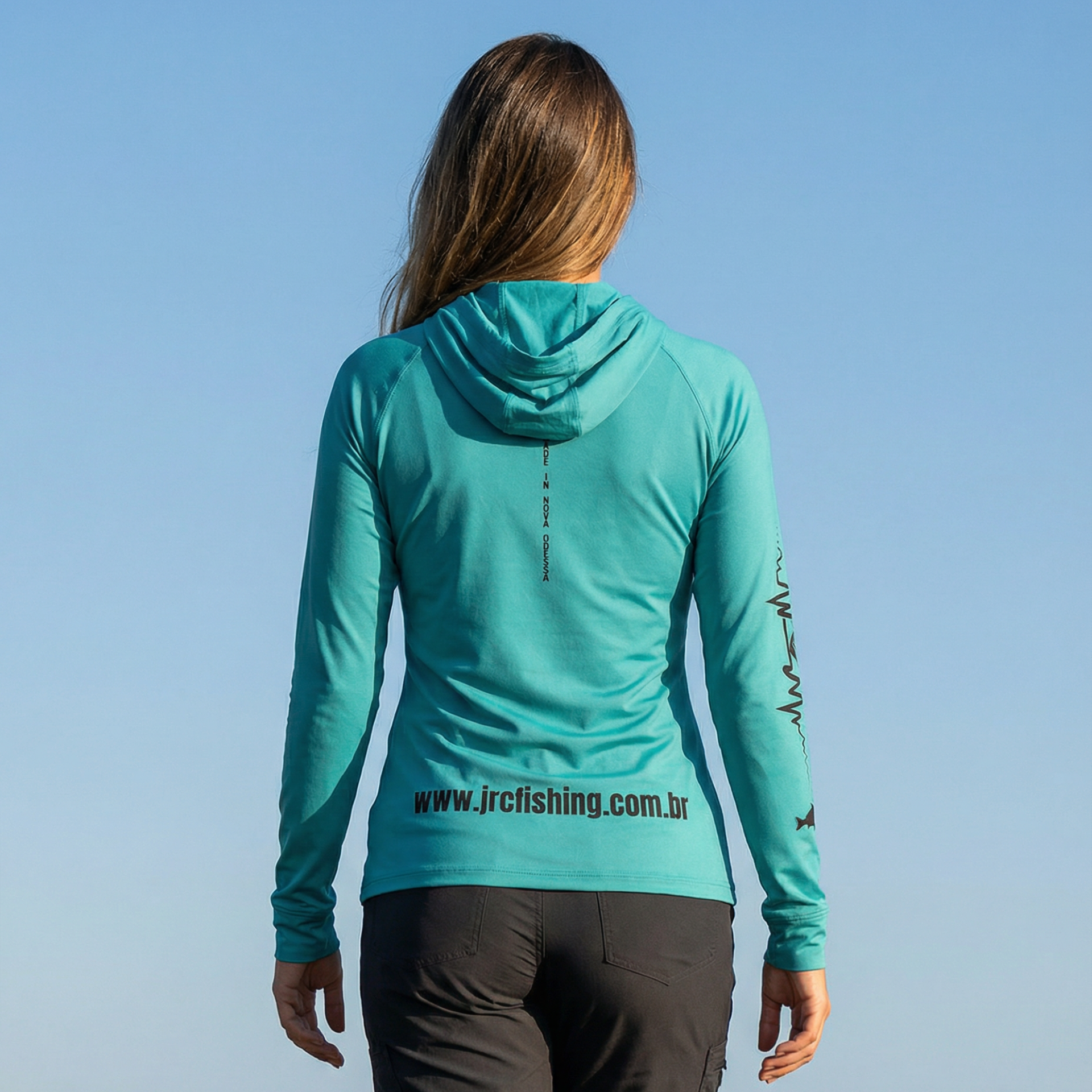 Camiseta de Pesca Feminina JRC com Capuz e Luva Proteção UV50+ Azul Bebe