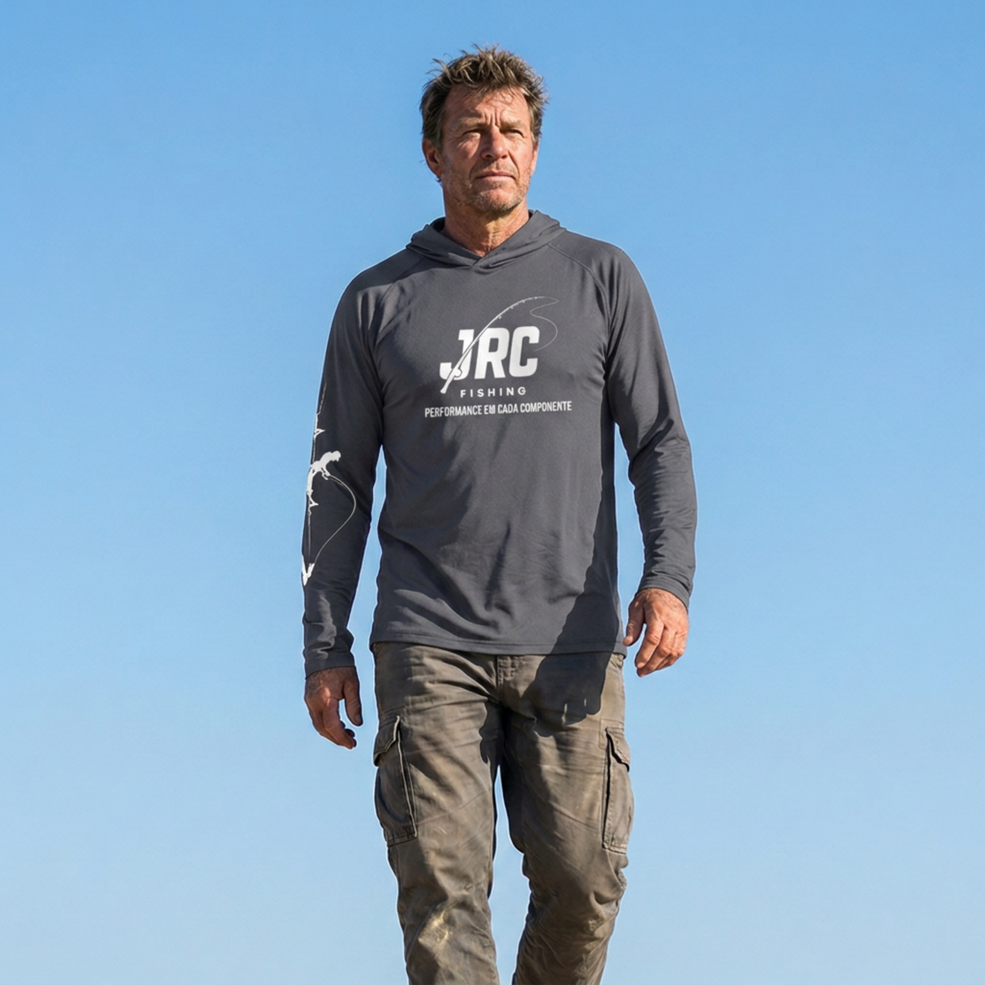 Camiseta de Pesca Masculina JRC com Capuz e Luva Proteção UV50+ Cinza