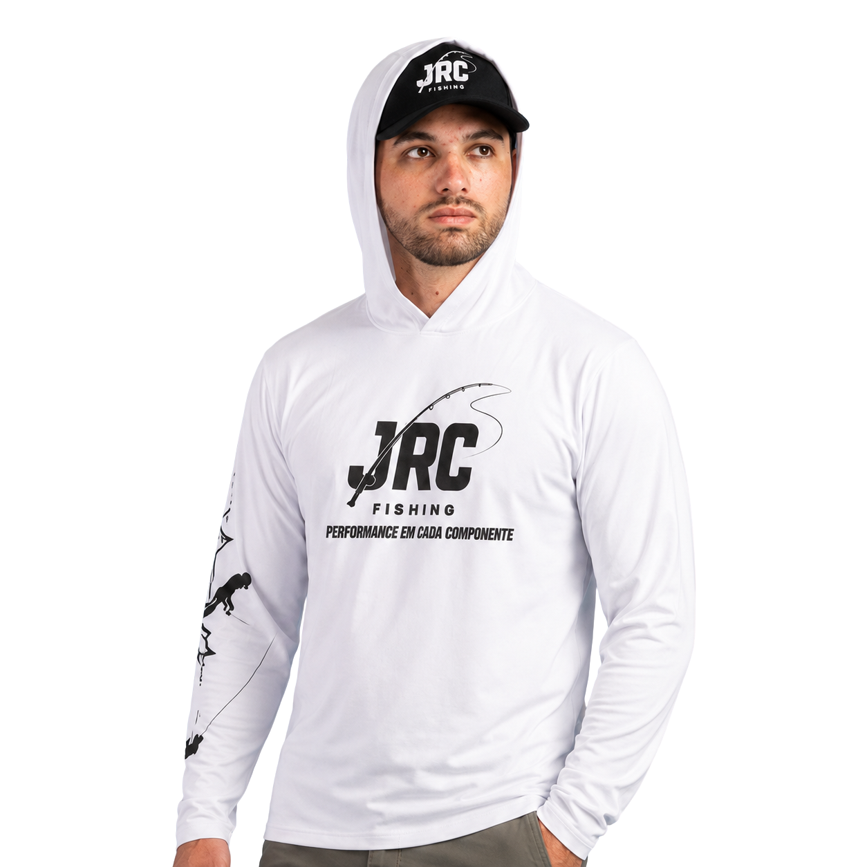 Camiseta de Pesca Masculina JRC com Capuz e Luva Proteção UV50+ Branca