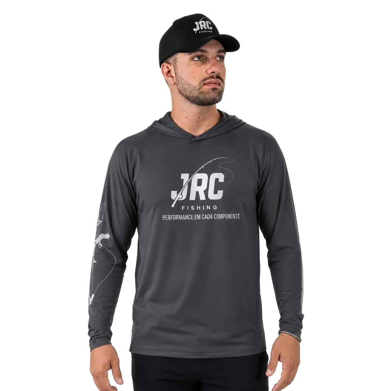 Camiseta de Pesca Masculina JRC com Capuz e Luva Proteção UV50+ Cinza