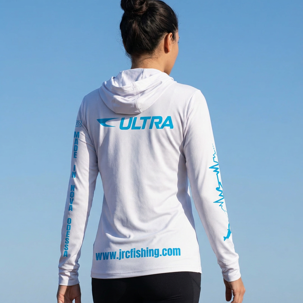 Camiseta de Pesca Feminina JRC com Capuz e Luva Proteção UV50+ Branca