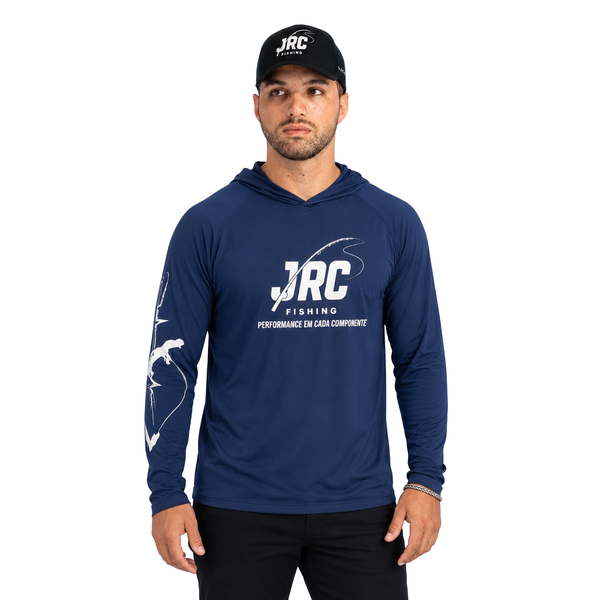 Camiseta de Pesca Masculina JRC com Capuz e Luva Proteção UV50+ Azul Marinho
